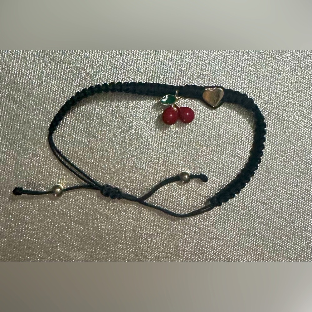 Black Bracelet with Cherry Charm and Heart Charm. Adjustable.